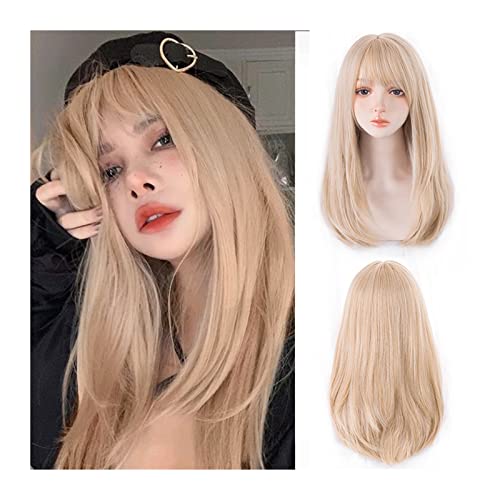 Perücke für Frauen Blonde Perücken mit Pony, natürliche, hitzebeständige synthetische Perücken for Frauen, lange gerade goldene Perücken mit Pony for den täglichen Partygebrauch Human Hair Wig