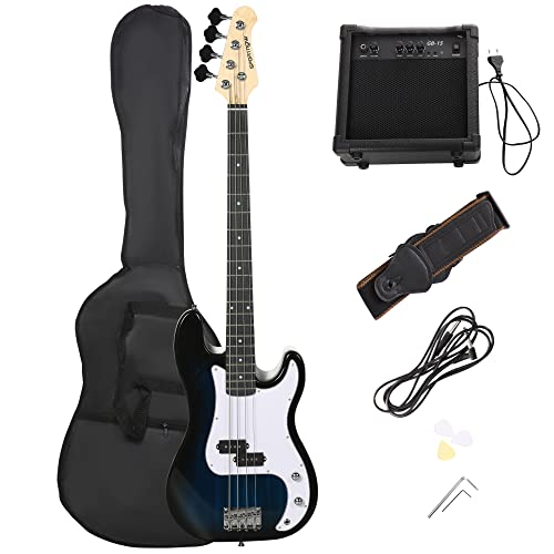 SPORTNOW 4-saitige E-Bass-Gitarre mit 15W-Verstärker, Tasche, Gurt und Plektren, dunkelblau