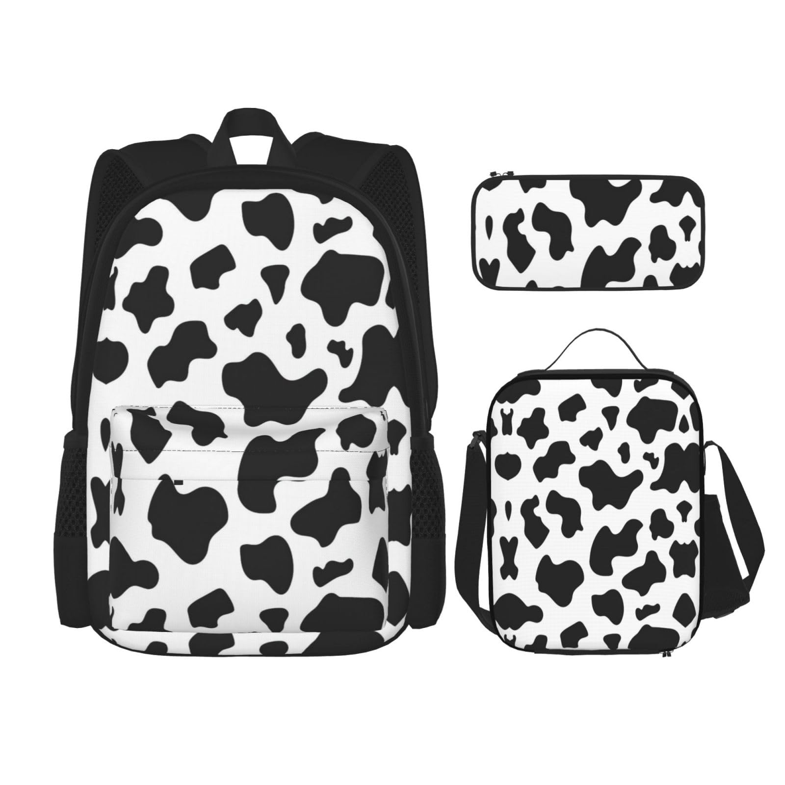 3-in-1-Set mit Leopardenmuster, verstellbarer Schulter-Rucksack, Lunch-Tasche, Federmäppchen, Tasche, Schwarz und Weiß, Schwarz, Einheitsgröße