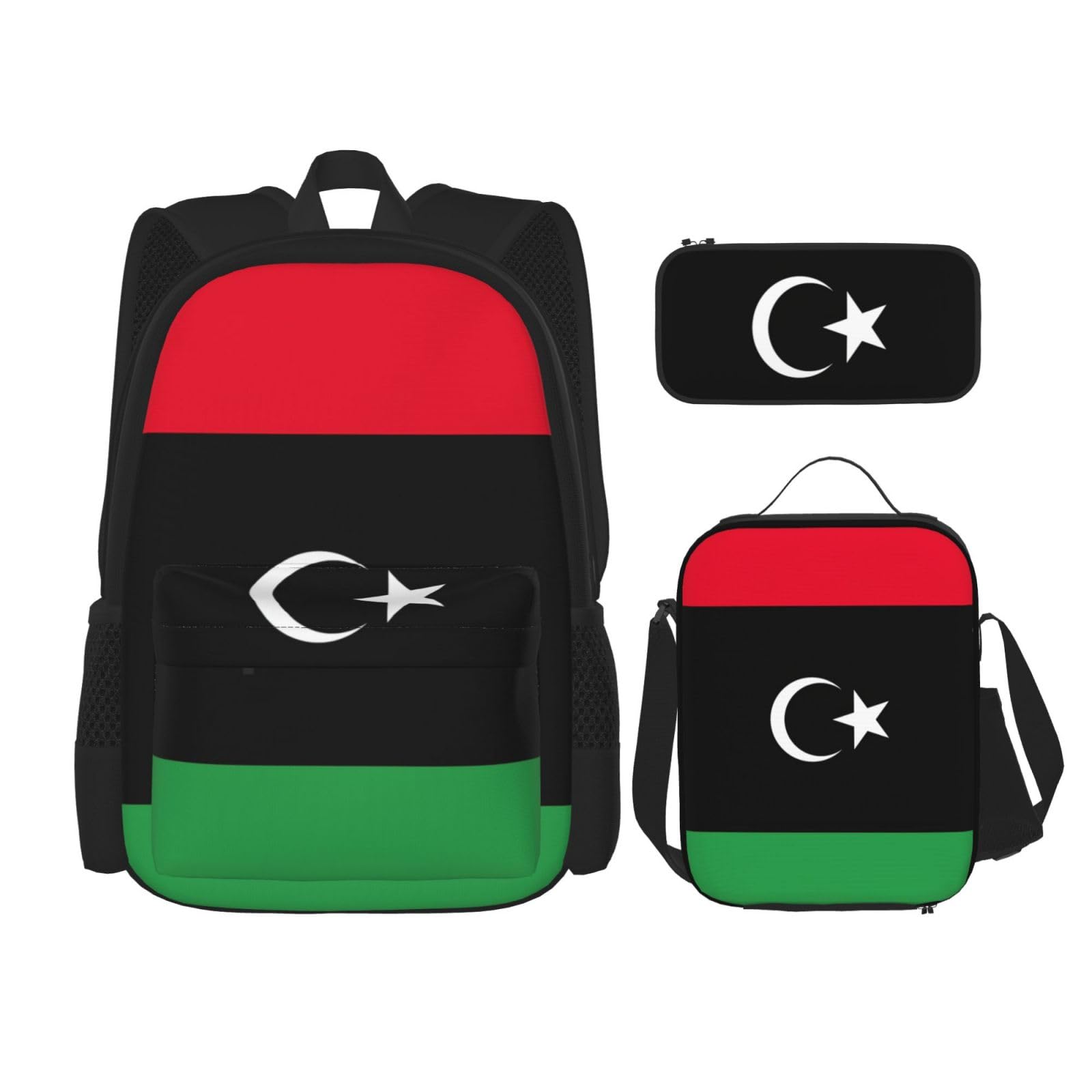 WURTON Libysche Flagge Druck Reise Lunchbox Federmäppchen Rucksack Set 3 Stück Verstellbare Träger Leicht, Schwarz, Einheitsgröße