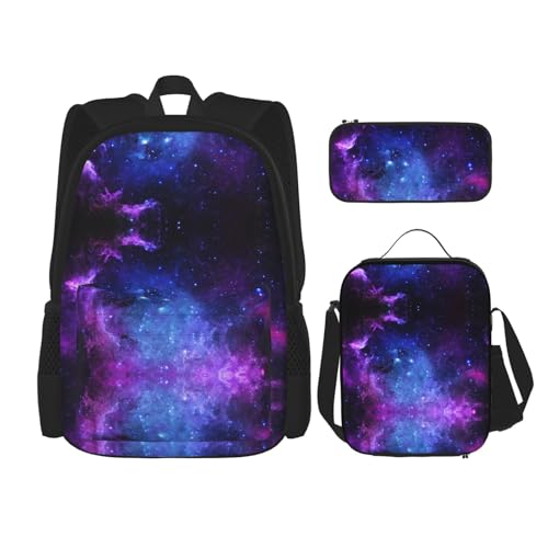 WURTON Universum Galaxy Star Space Print Lunchbox Federmäppchen Rucksack Set 3 Stück Verstellbare Träger Langlebig Leicht, Schwarz, One Size