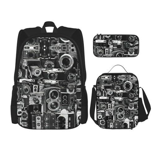 WURTON Retro Cool Camera Collection Print Verstellbare Schultergurte Rucksack Set Mittagessen Tasche Federmäppchen Kombination Taschen Set, Schwarz , Einheitsgröße