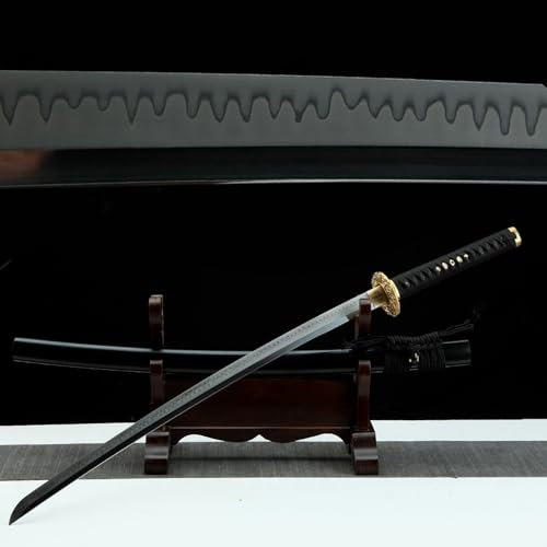 【Schönheit kalter Waffen】 103cm handgeschmiedetes Katana mit brennender T10-Klinge,schwarzes Samurai-Schwert mit Holzscheide,japanische Schwerter für Kendo,Iaido,Geschenke,Cosplay,Ausstellung