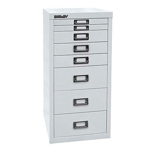 Bisley MultiDrawer, 29er Serie, DIN A4, 8 Schubladen, Metall, 645 Lichtgrau, 38 x 27.9 x 59 cm