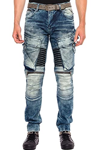 Cipo & Baxx Herren Jeans Hose Cargo Taschen Skinny Biker Denim Design Pants Rippen Details Jeanshose mit Reißverschlüsse Blau W33 L34