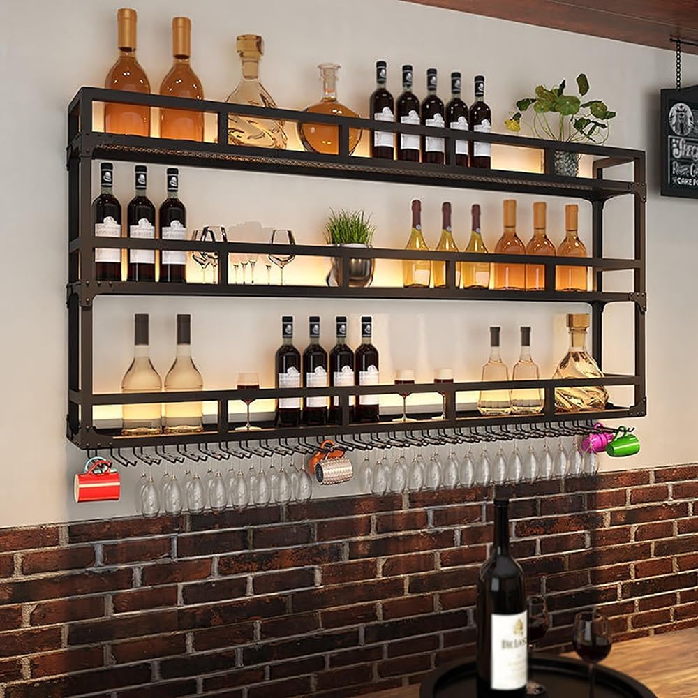 Hängende industrielle runde Weinregale, Modernes Wandregal aus Metall mit LED-Licht, Glasregal, Weinständer aus Eisen, multifunktionales Weinaufbewahrungs-Dekorregal for zu Hause(120X25X90cm/47.2x9.8x