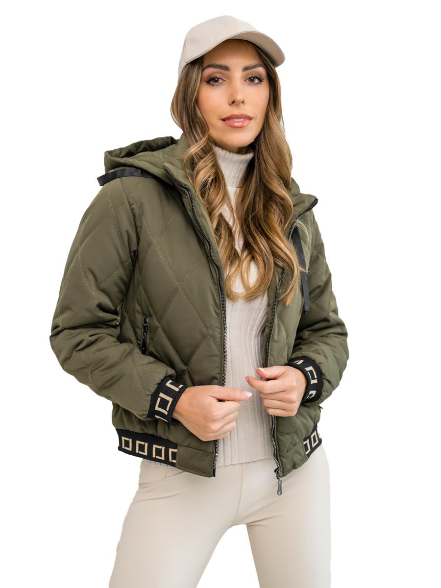 BOLF Damen Übergangsjacke Steppjacke Stehkragen Daunenjacke Reißverschluss Sportjacke Zip Wärme Freizeit Sport Basic Outdoor Casual Style 16M9085 Khaki L [D4D]