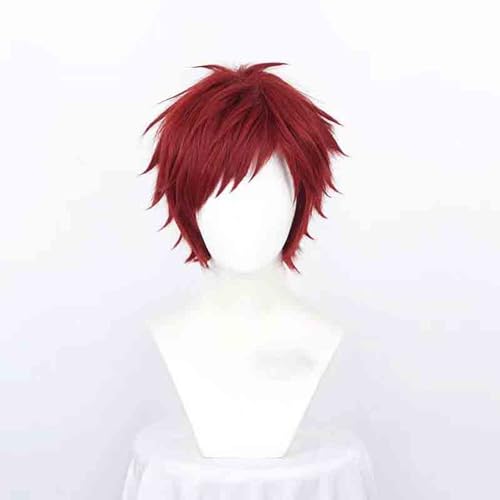 WCCNKK Gaara Cosplay Perücken Dunkelrotes Kurzes Haar Mit Bun Hitzebeständige Synthetische Haare Perücke + Perücke Kappe, Dekorative Accessoires, Anime-Fan-Geschenk