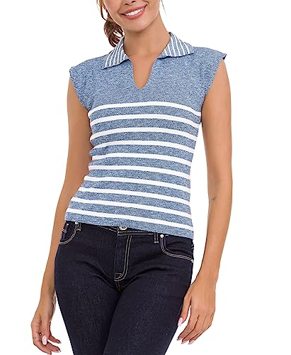 Cipo & Baxx Damen Strick Shirt Polokragen Streifen Ärmellos T-Shirt Tops WT353 Blau M