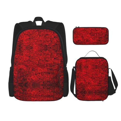 WURTON Red Rose1 Rucksack für Mädchen, Jungen, Schultaschen, Teenager, Lunchbox und Federmäppchen, 3-in-1-Büchertaschen-Set