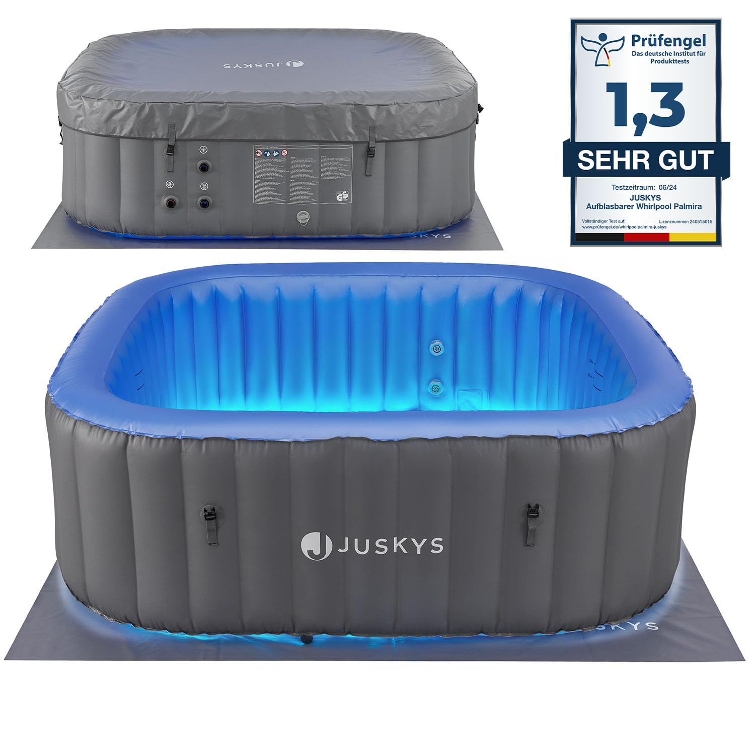 Juskys Whirlpool Palmira für bis zu 6 Personen - Outdoor Indoor Pool aufblasbar & mit LED - 2 m Aussenwhirlpool - Spa Hot Tub eckig - Grau