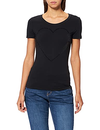 Love Moschino Damen Fitted Short Sleeved hue Rhinestone Heart with Shiny Print on Chest T-Shirt, Black, 40