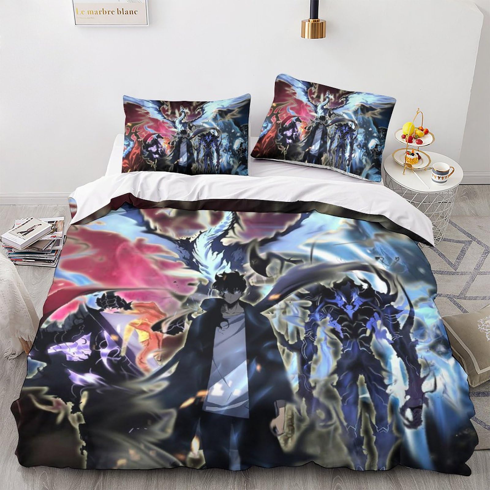 UKALOU Solo Leveling Hochwertige Bettwäsche Set 3-teilig - 3D-Druck Manga und Anime Bettbezug, Bettlaken Und Kissenbezüge Aus Mikrofaser Mit Verstecktem Reißverschluss King（220x240cm）