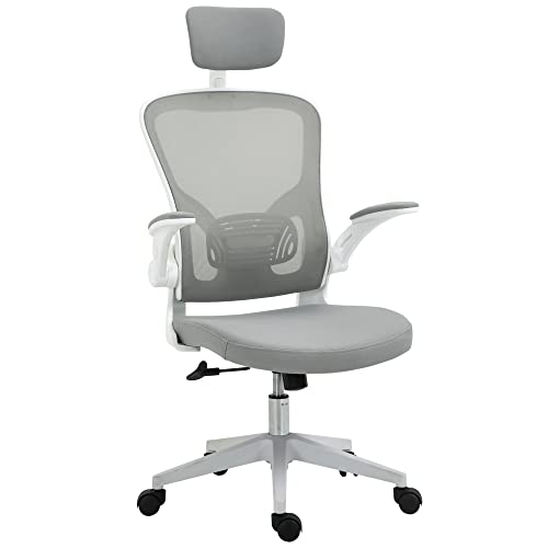 Vinsetto Bürostuhl mit Wippfunktion ergonomischer Shreibtischstuhl hoher Rückenlehne Lendenwirbelstütze Kopfstütze hochklappbarem Arm Home-Office Grau 65 x 64 x 114-122 cm