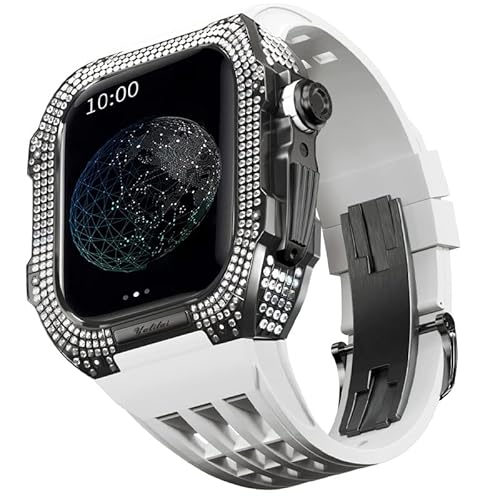 KANUZ Mod-Kit für Apple Watch Serie 6, 5, 4, SE, 44 mm, Gehäuse aus Titanlegierung und Gummiband für iWatch 6, SE, 5, 4, 44 mm, Ersatz-Uhrenarmbandzubehör (Farbe: Weiß 3, Größe: 44 mm)