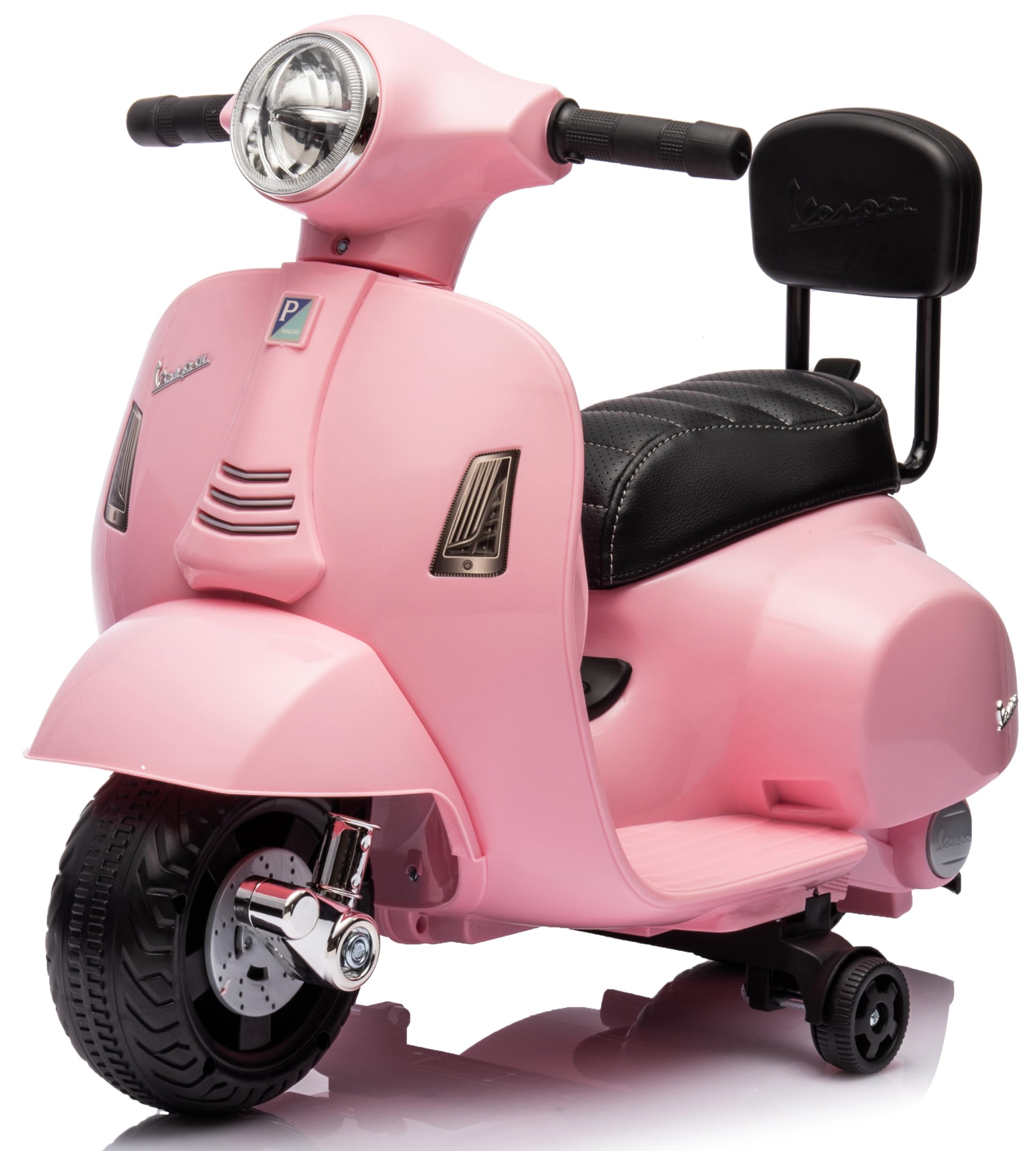 Vespa Elektro Motorrad für Kinder ab 18 Monaten mit Hupe, Gaspedal, Beleuchtung, Seitenrädern. Elektroroller, Kinderroller, Kindermotorrad, Elektrofahrzeuge (Rosa mit Rückenlehne)