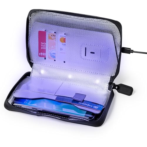 UV Desinfektions Sterilisator für Smartphones Kreditkarten Earpods Schlüssel im Reissverschluss Polyester Etui mit RFID Blocker und 2 Sterilisationsmodi tötet Bakterien ab Format 2 x 18.5 x 4 cm