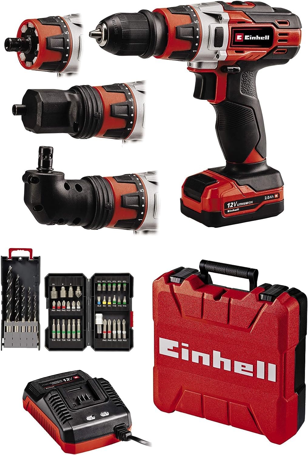 Einhell Akku-Bohrschrauber TE-CD 12/1 3X-Li 39 (30 Nm, 2 Gänge, abnehmbares 10 mm-Bohrfutter, inkl. 34-tlg. Bit-Set, 5 Holzbohrer, Ladegerät + 1x 2,0 Ah-Akku)