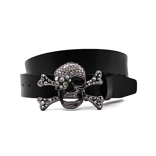 YoyOli Strass Großer Totenkopf Mode Trendy Hip Hop Punk Dekogürtel Cowboygürtel Y2k Gürtel Silbergürtel Westerngürtel (Color : White, Size : 110)