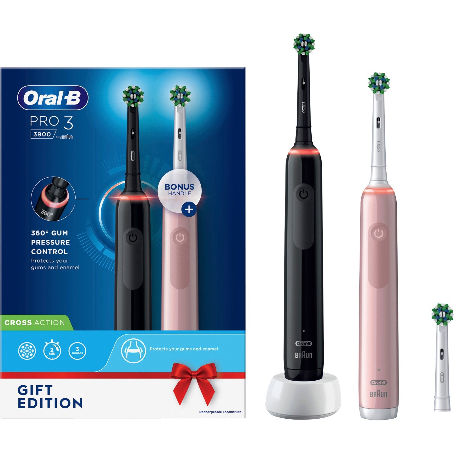 Oral-B Pro 3 3900 Doppelpack Elektrische Zahnbürsten/Electric Toothbrushes mit visueller 360° Andruckkontrolle für extra Zahnfleischschutz, 3 Putzmodi inkl. Sensitiv, Timer, schwarz/pink