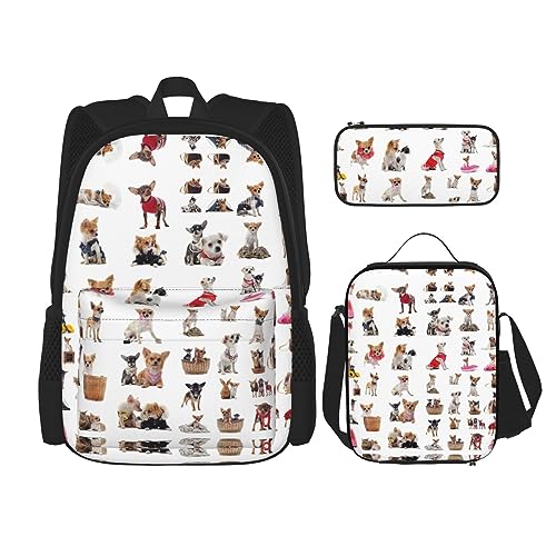 WURTON Niedliches Chihuahua-Mopsmuster-Druck, 3-in-1-Sets, lässig, verstellbar, Schulter-Rucksack, Lunch-Tasche, Federmäppchen, Beutel, Schwarz, Einheitsgröße