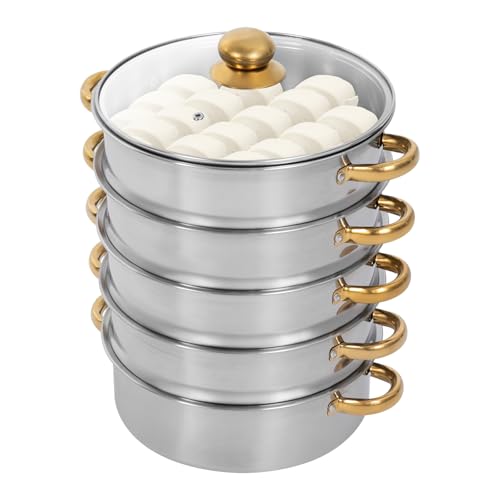 26/28/30cm 5 Etagen Dampfkochtopf Edelstahl Dampfgarer Topf Mit Glasabdeckung Gold Silber Dampfkocher Geeignet für Gaskochfelder Induktionskochfelder und Elektrische Tontöpfe usw (Gold Silber, 26 cm)