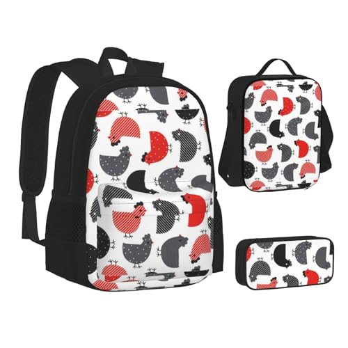 WURTON 3-in-1 Rucksack mit kreativem Cartoon-Huhn-Motiv, 3-in-1 (Federmäppchen + Schultasche + Lunchtasche)