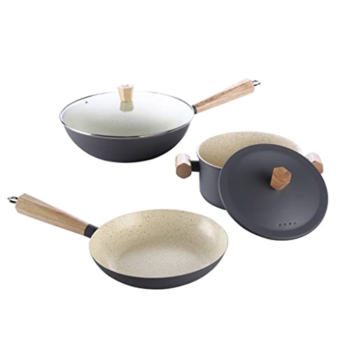 N/A Topfset-Set Wok Suppentopf Eisen Antihaft-Bratpfanne Suppentopf Dreitopf-Set mit Deckel Küchenkochtopf (Farbe: A, Größe: Siehe Beschreibung)