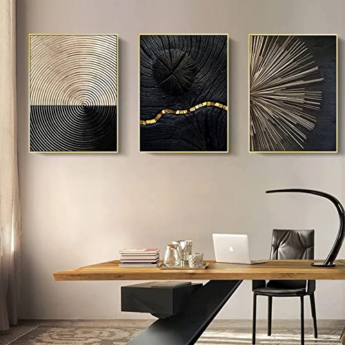 ConBlom 3er Set Design Poster Wandbilder 30 x 40cm, Nordic Schwarz Weiß Gold Jahresring Linien Wandkunst Bilder, Wandbild Print Bilder Kunstposter Deko für Wohnzimmer Schlafzimmer