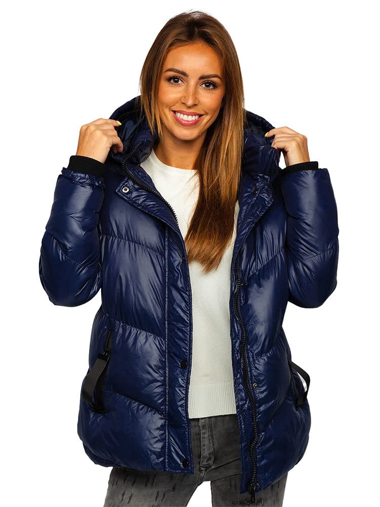 BOLF Damen Winterjacke Steppjacke mit Kapuze Daunenjacke Reißverschluss Sportjacke Zip Wärme Freizeit Outdoor Basic Casual Style 23065 Dunkelblau S [D4D]