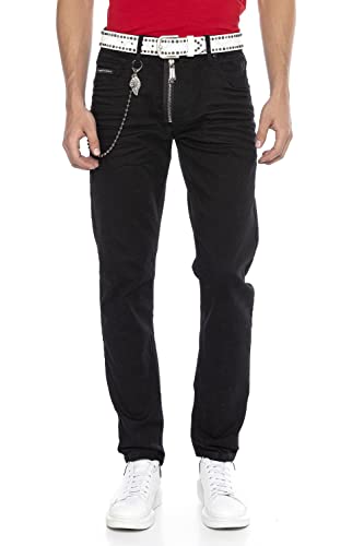 Cipo & Baxx Herren Jeans Hose Klassisch Kette Straight Fit Denim Pants CD675 Schwarz W38 L32