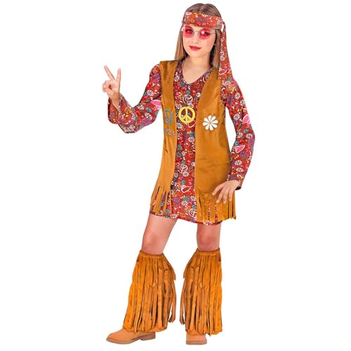 Widmann - Kinderkostüm Hippie, Kleid, Weste, Stirnband, Stiefelüberzieher mit Fransen, Flower-Power, Blumenmädchen, Motto-Party, Karneval