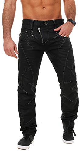 Cipo and Baxx Herren Jeans Regular Fit Schwarz Kontrastnähte Jeanshose Denim Black Pants Biker Schwarz W38 L32