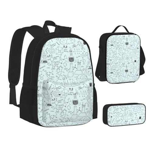 WURTON Lunchbox-Set mit Chemie-Druck, Rucksack, 3-in-1, Büchertasche und Federmäppchen, passende Kombination, Schwarz, Einheitsgröße