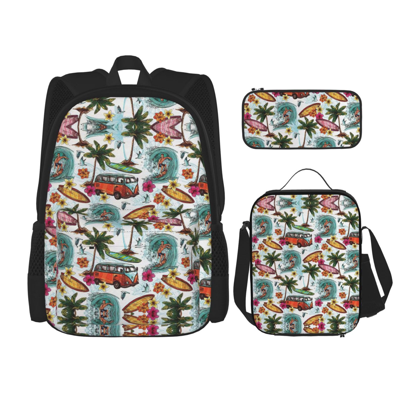 WURTON Hawaiianischer Surfer auf gewelltem Druck, verstellbare Schultergurte, Rucksack-Set, Lunch-Tasche, Federmäppchen, Kombinationstaschen-Set