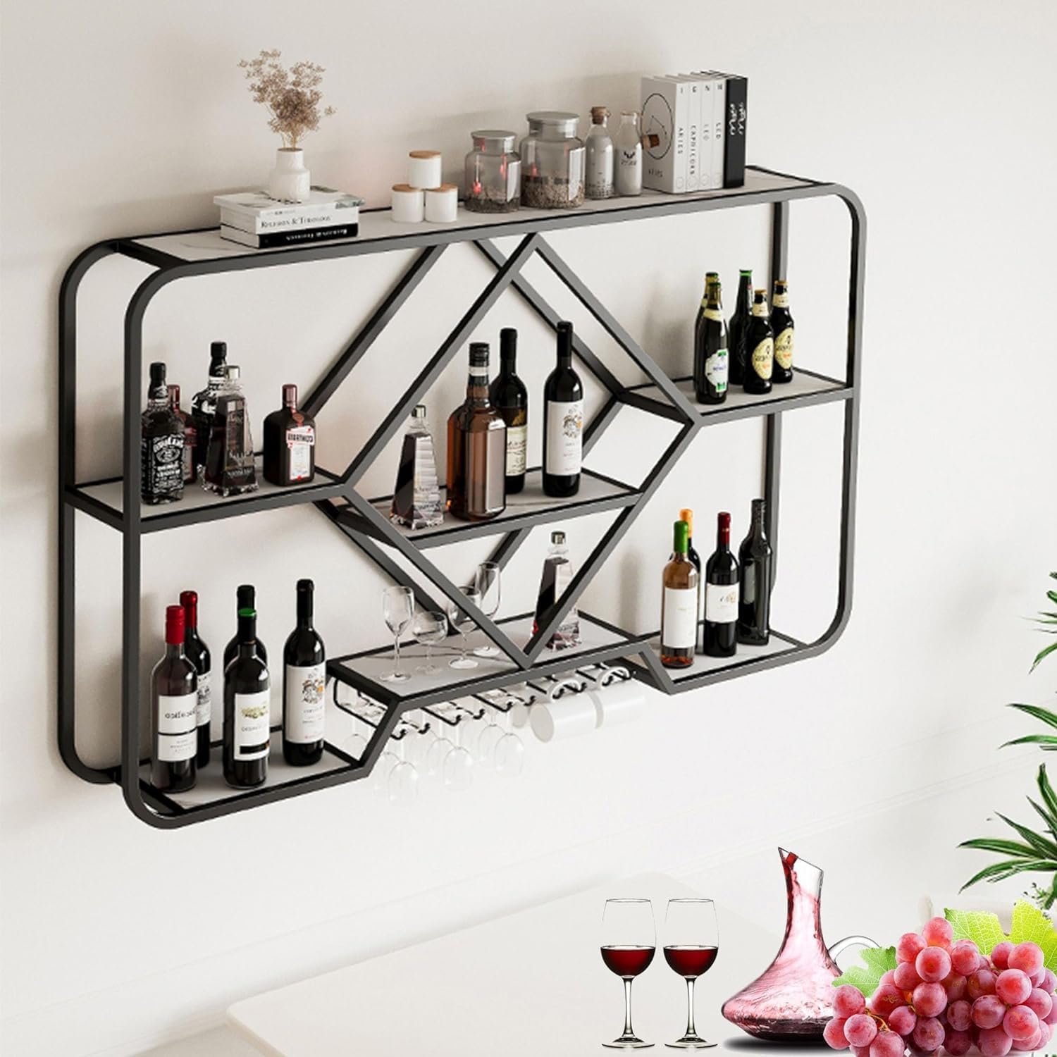 Weinregal, wandmontierte Barregale mit Weinglashalter – Likörregal, Minibar für die Aufbewahrung in der Küche – Glasregale, Wand-Barschrank, Ausstellungsregal für Likörflaschen – Eck-Kaffeeb