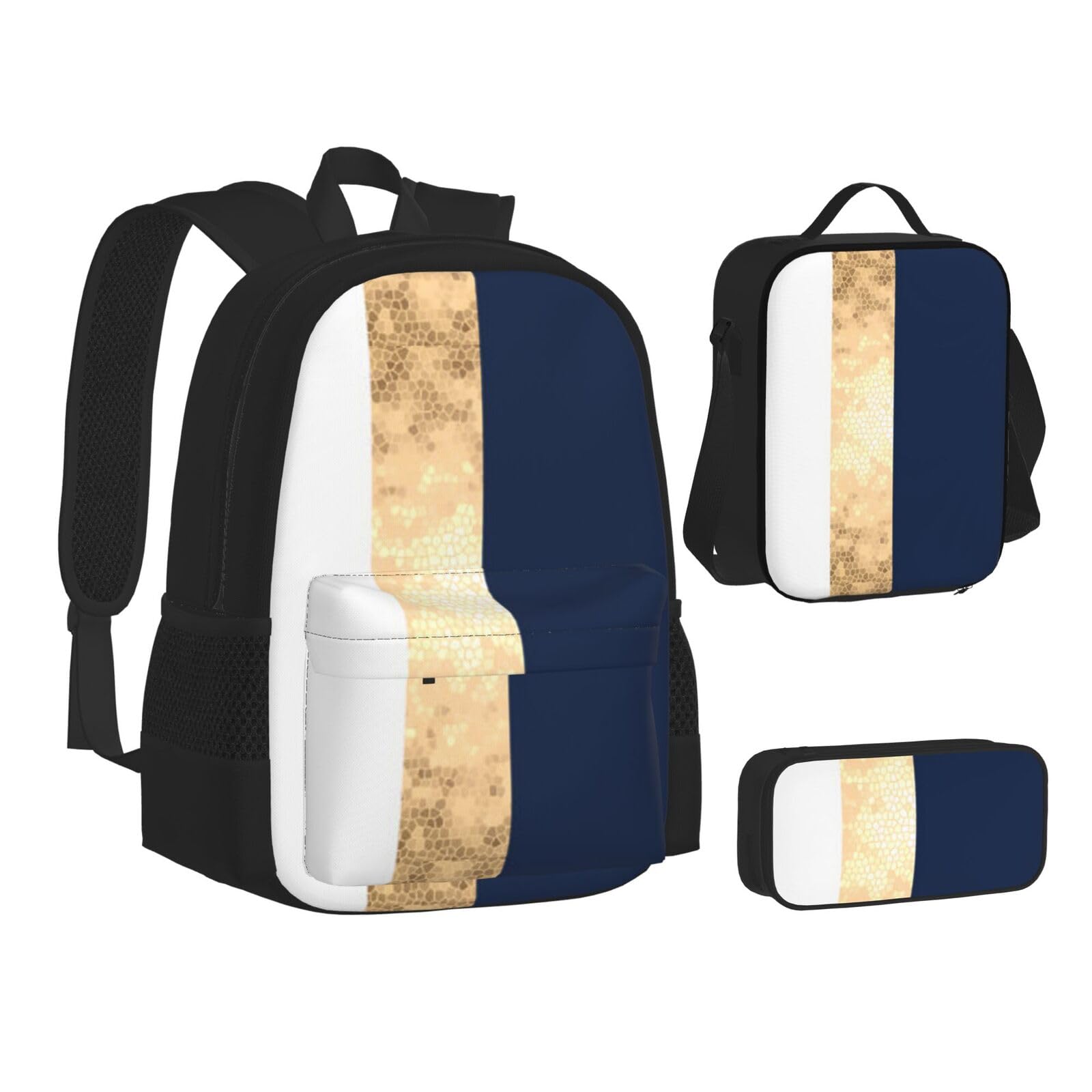 WURTON Teen-Rucksack, 3-in-1 (Federmäppchen + Schultasche + Lunchtasche), goldfarben / blau / weiß