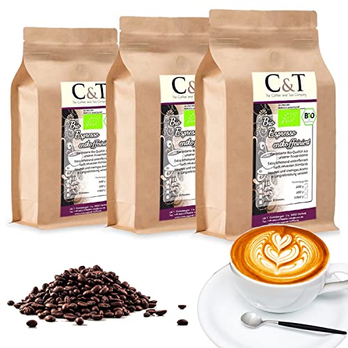 C&T Bio Espresso Crema | Cafe entkoffeiniert 100 % Arabica 3x1000 g ganze Bohnen Gastro-Sparpack im Kraftpapierbeutel