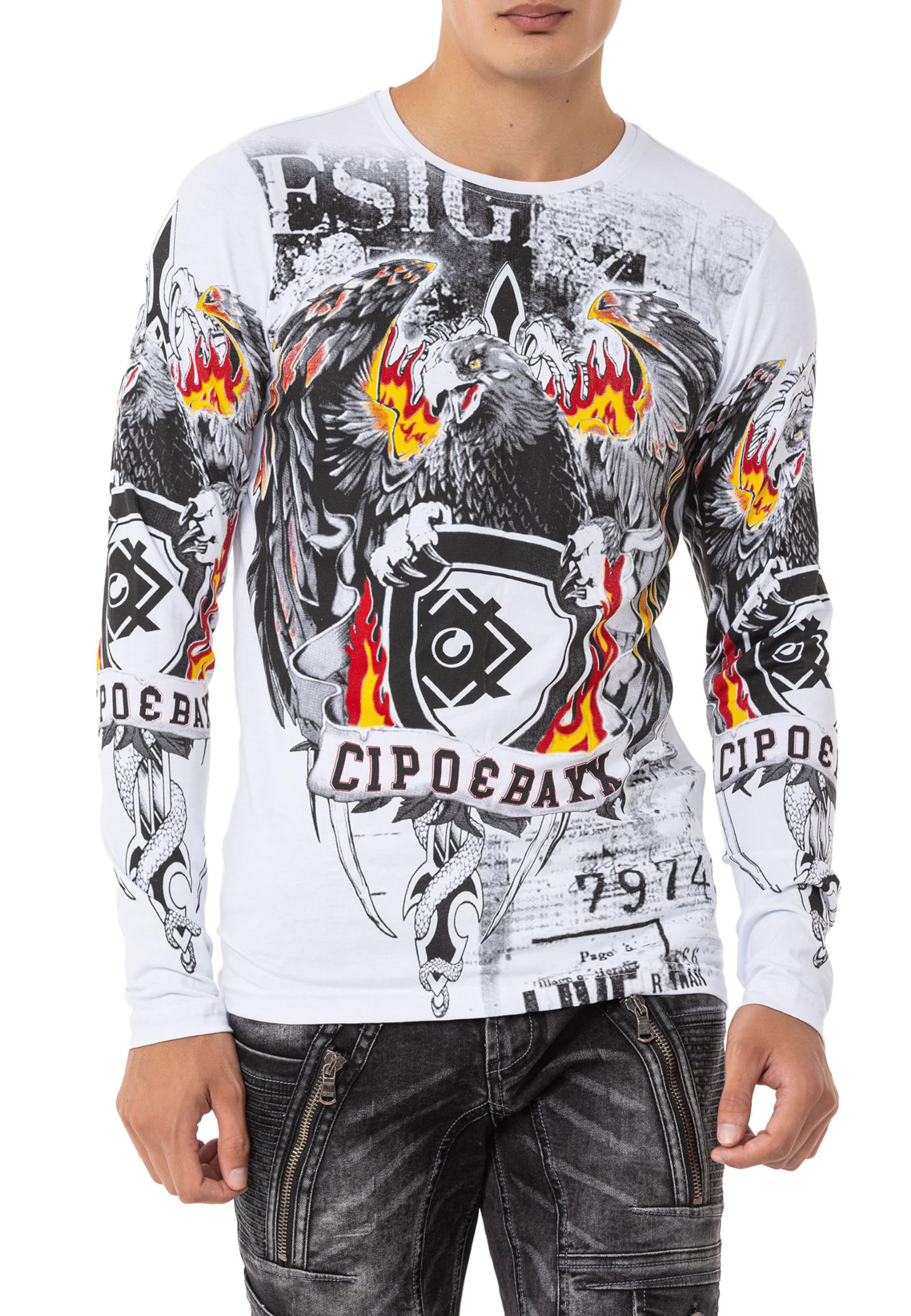 Cipo & Baxx Herren Longsleeve Print Langarmshirt Rundhalsausschnitt Sweatshirt Pulli Sweater CL553 Weiß XXL