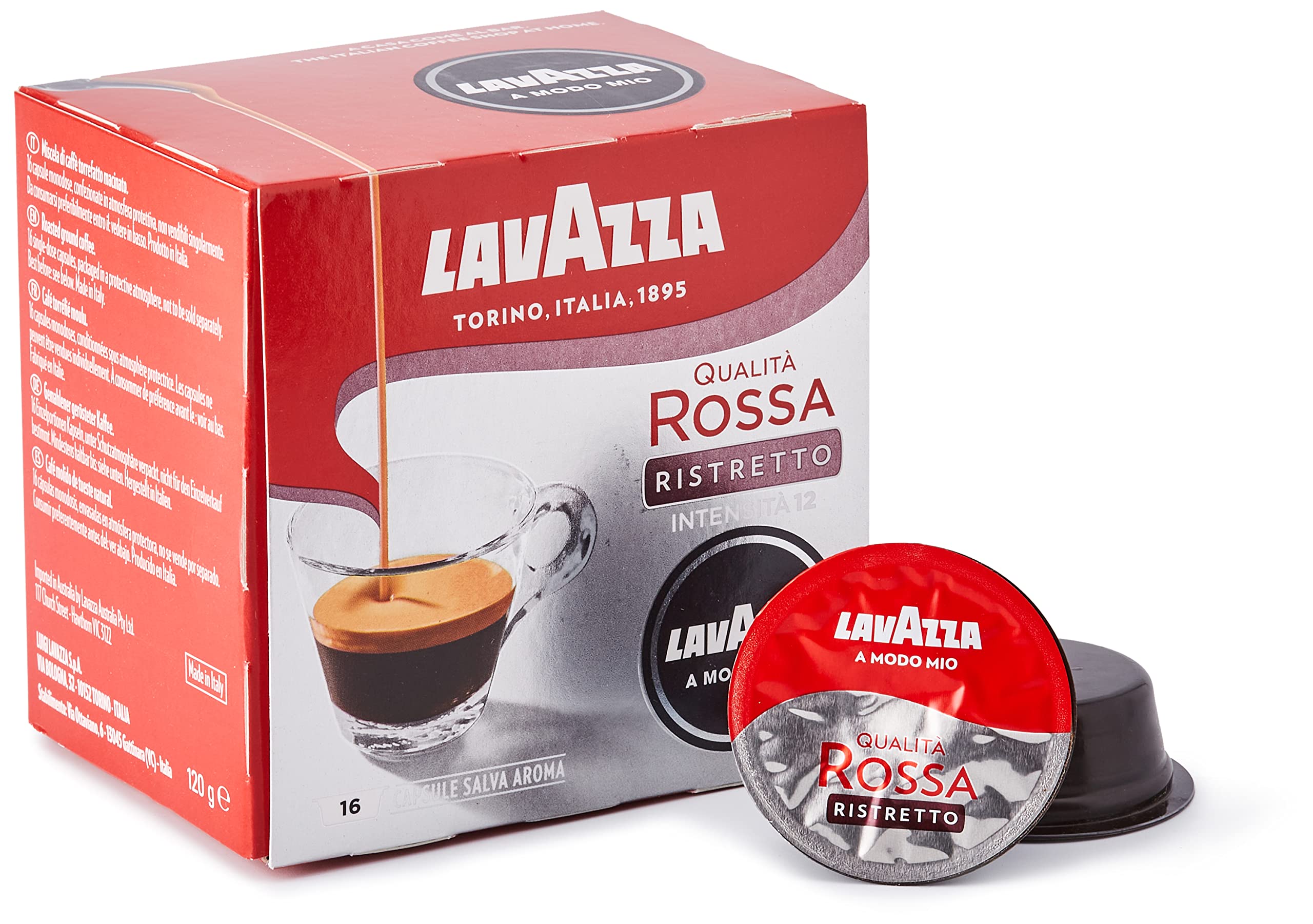 Lavazza, A Modo Mio Qualità Rossa Ristretto, 256 Kaffeekapseln, für einen Espresso mit Noten von Karamell, Arabica und Robusta, Intensität 12/13, schonend geröstet, 16 Packungen x 16 Kapseln