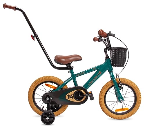 sun baby Kinderfahrrad 14 Zoll Jungen Verdant Bike Leicht Stützräder mit Schubstange ab 2-6 Jahre BMX Fahrrad Kinder (Dunkelgrün, 14 Zoll)