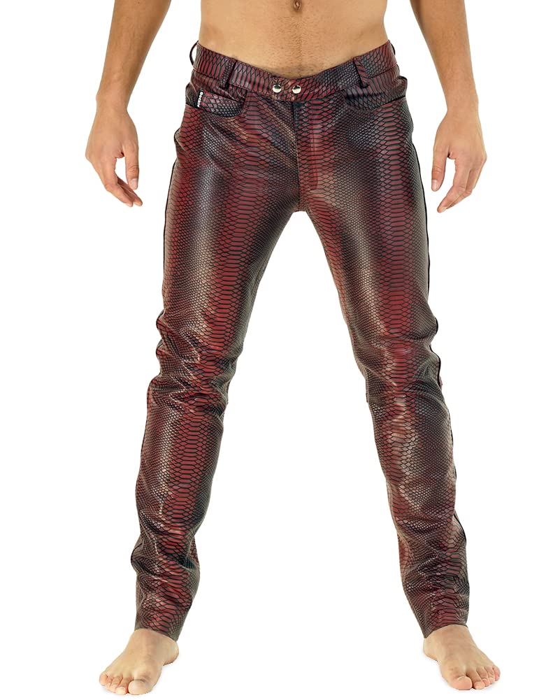 Bockle® Flash Leather Pants Tube Röhre Skinny Slim Fit Herren Rot Lederhose Herren, Size: 34W / 36L