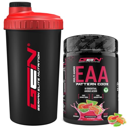 EAA Pulver + Shaker - Human Code Formel - Mit 8 essentielle Aminosäuren - Amino Workout Drink - Leckerer Geschmack & Top Löslichkeit - Vegan - (532 g, Candy Watermelon)