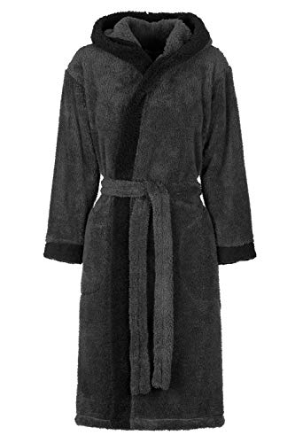 Di Ficchiano Unisex Herren Damen Bademantel mit Kapuze I Morgenmantel flauschig I Nachtwäsche aus edler Mikrofaser I Kimono Farbe: Grey/Black, Gr. S