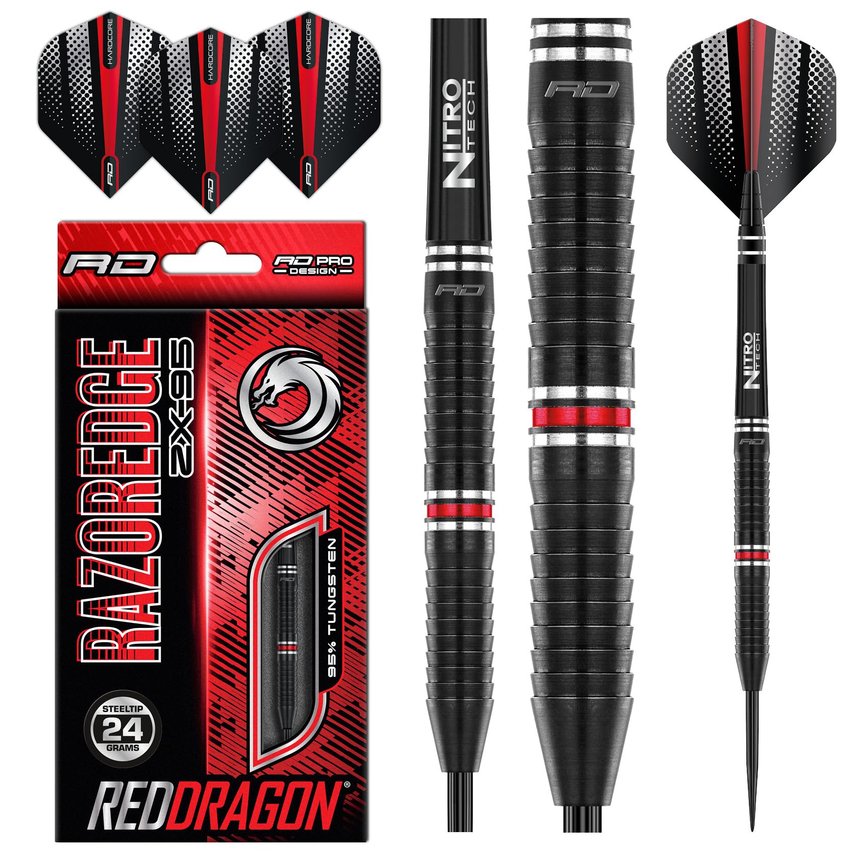 RED DRAGON Razor Edge ZX-95-24 gram Tungsten Professional Darts Set with Flights and Nitrotech Shafts (Stems)