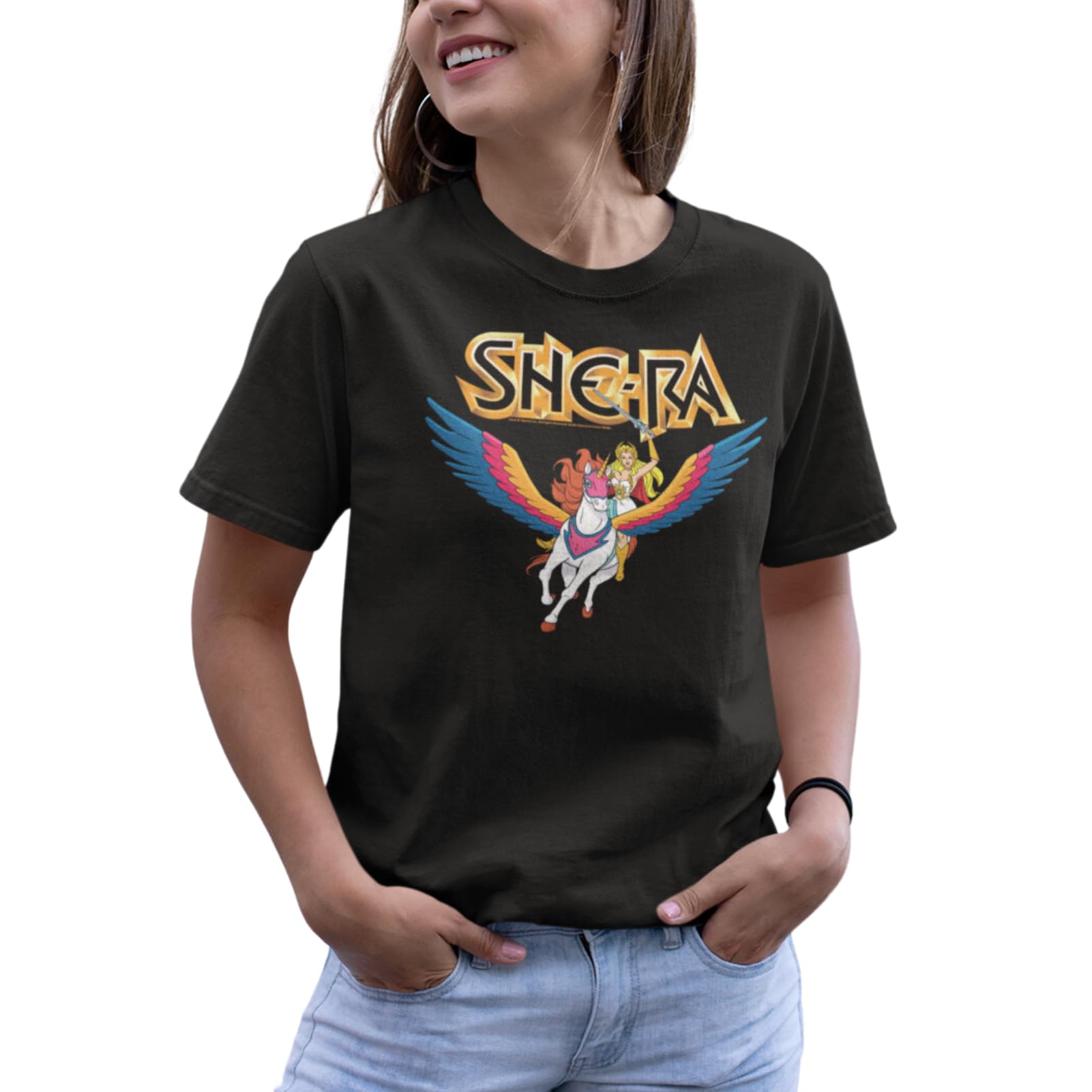 Masters of The Universe TV Series She-Ra & Swiftwind Black Adult T-Shirt Tee, schwarz, Klein