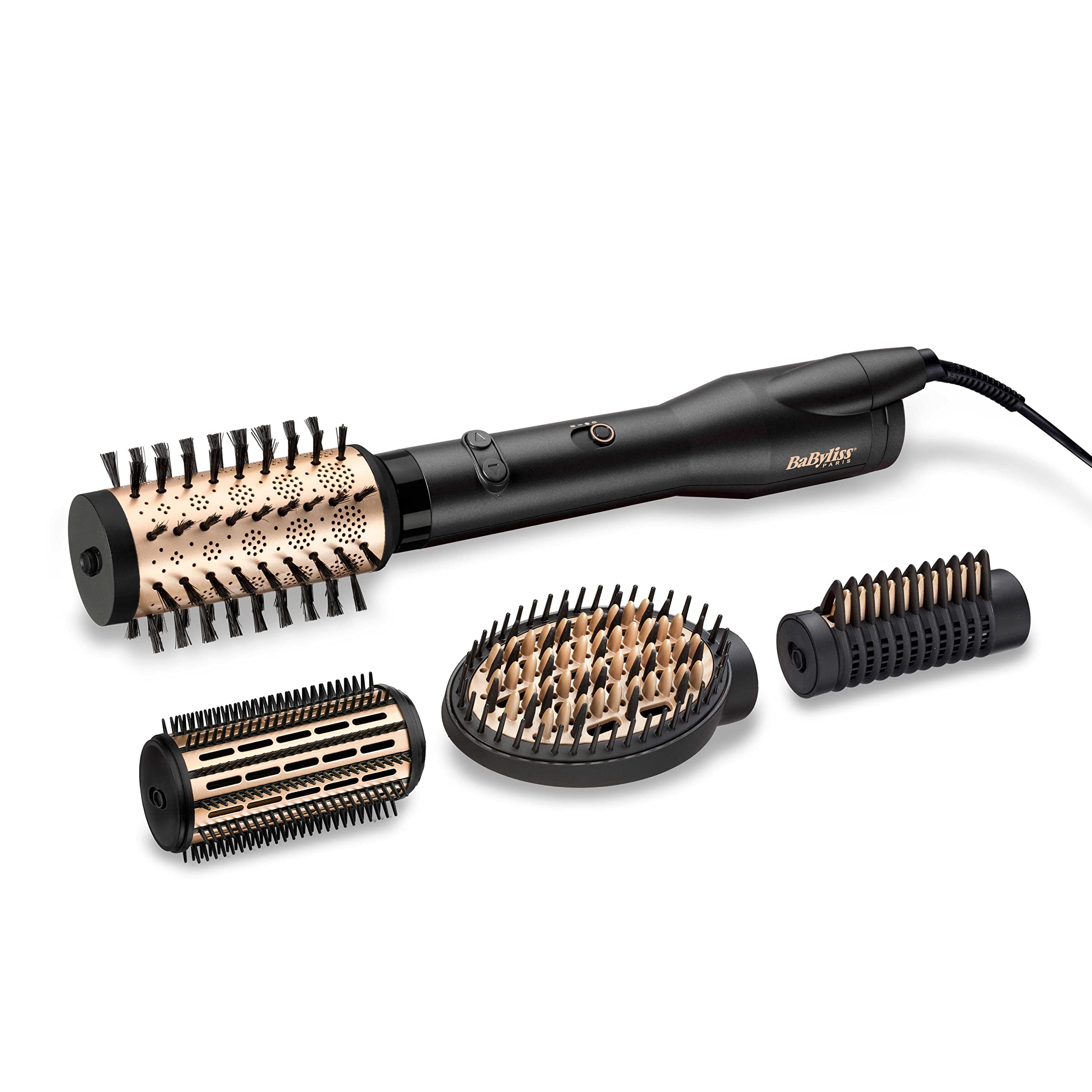 BaByliss Big Hair Luxe Rotierende Warmluftbürste, Föhnbürste mit 4 Aufsätzen zum Glätten, Bürsten und für Volumen und Form, Luxuriöse Föhnbürste für Glanz und Geschmeidigkeit, Testsieger, AS970E