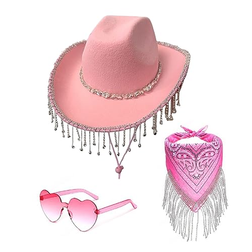 MEELYHOME Halloween Cowboyhut für Damen Herren Westernhut Kopftuch Schal Herz Sonnenbrille Junggesellinnenabschied Kostüm Zubehör Kostüm Zubehör Set