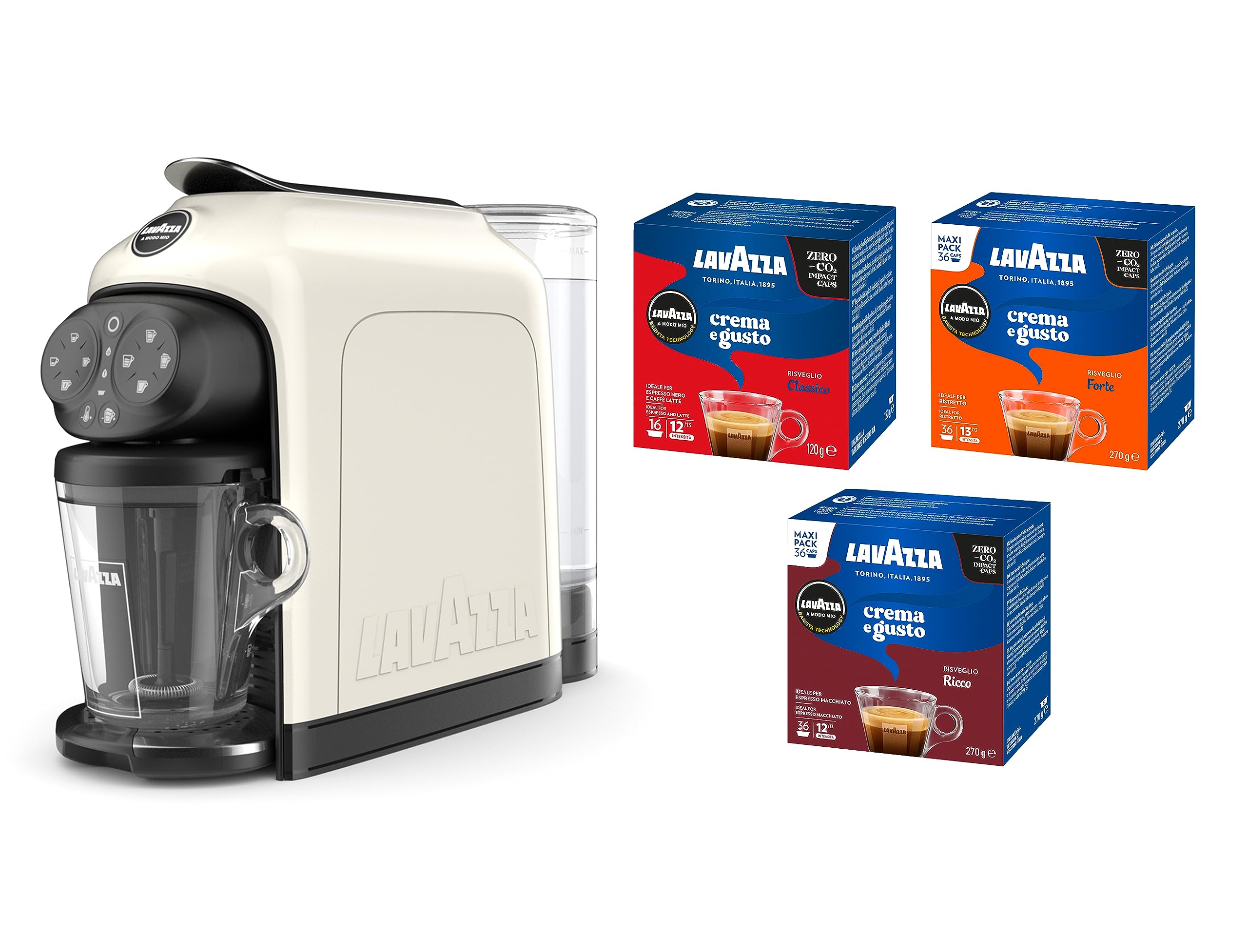 Lavazza, A Modo Mio Kaffeemaschine Deséa White Cream mit 88 Kapseln Crema und Geschmack sortiert, Espresso 1500 W, 220-240 V, 50/60 Hz, Kapazität max. 10 Kapseln und 1,1 Liter Wasser