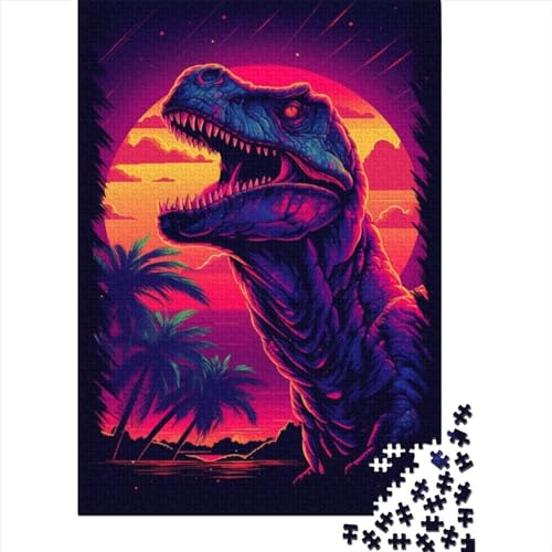 Dinosaurier-Retro-Sonnenuntergang-Sonne-Holzpuzzle für Erwachsene 1000 Teile für Erwachsene Schwierige Puzzles ganze Familie und die (Größe: 75 x 50 cm)